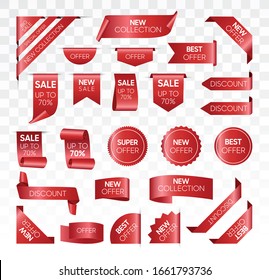 Business sale badge collection in red, 3d illustration. Price tag and best sale collection vector template. Red ribbon vector. New collection offers. 