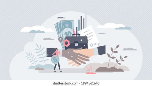 Business for sale and company selling with deal agreement tiny person concept. Successful collaboration or corporate investment scene vector illustration. Financial purchase or positive profit project