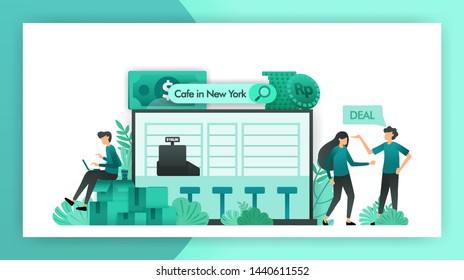 business for sale. looking for SME businesses want to sell. cafe that is being negotiated to be bought by investors with cooperation strategy. vector illustration concept for landing page web mobile