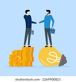 business sale or merger deal concept, Auction idea, fundraising and venture capital, shaking hands with VC on pile of money coins, entrepreneur businessman standing on idea light bulb.