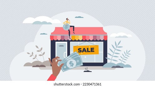 Business for sale and offer to buy retail shop company tiny person concept. Partner investment with successful deal profit vector illustration. Change owners for money. Investor with store finances.