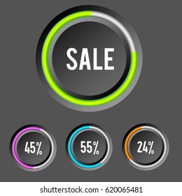Business sale web elements with gray circles colorful rings and percentage on dark background isolated vector illustration
