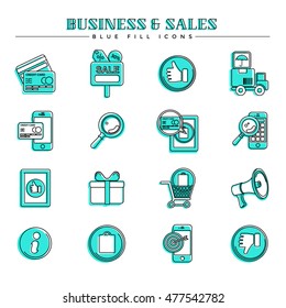 Business and sales, blue fill icons set