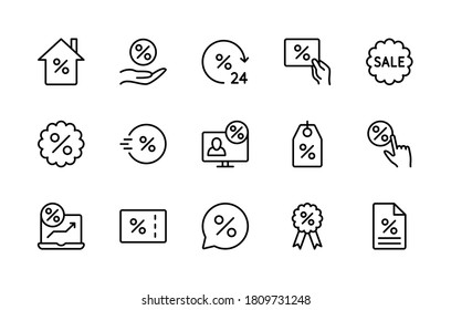 Business sales and discount, vector linear icons set. Sale management. Coupon, percent ribbon, online buying, surprise present and more. Isolated collection of discounts for websites and shop.