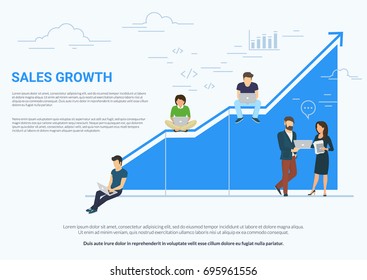 Business Sales Growth Concept Vector Illustration Of Professional People Working As Team And Sitting On Blue Growing Chart. Flat People Using Laptops To Develop Business. White Business Background