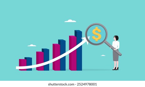 business sales growth, business growth followed by a lot of income, profit performance increases, rapid economic growth, businesswoman using a magnifier to examine how much money he has earned