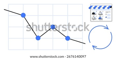 Business sales line graph with declining trend, online store dashboard mockup and refresh icon. Ideal for business analytics, e-commerce, economic trends, performance monitoring, data visualization