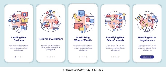 Business sales problems onboarding mobile app screen. Landing new startup walkthrough 5 steps graphic instructions pages with linear concepts. UI, UX, GUI template. Myriad Pro-Bold, Regular fonts used