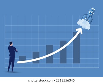 business sales or profit increase concept,exponential growth or compound interest, investment, wealth or earning rising up graph,  financial report graph with exponential arrow from flying rocket.