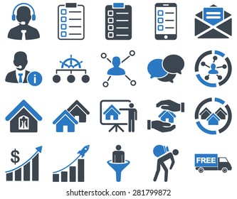 Business, sales, real estate icon set. These flat bicolor symbols use smooth blue colors. Images are isolated on a white background. Angles are rounded.