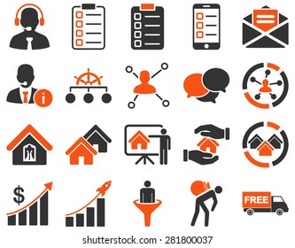 Business, sales, real estate icon set. These flat bicolor symbols use orange and gray colors. Images are isolated on a white background. Angles are rounded.