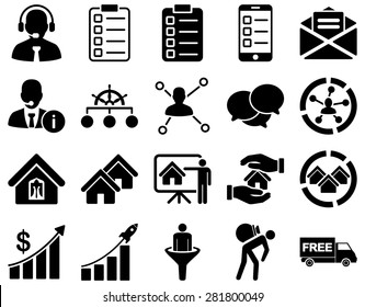 Business, sales, real estate icon set. These flat symbols use black color. Images are isolated on a white background. Angles are rounded.