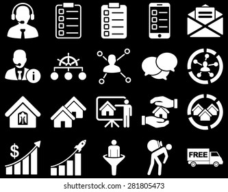 Business, sales, real estate icon set. These flat symbols use white color. Images are isolated on a black background. Angles are rounded.