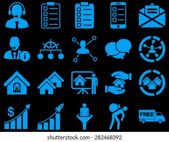 Business, sales, real estate icon set. These flat symbols use blue color. Images are isolated on a black background. Angles are rounded.