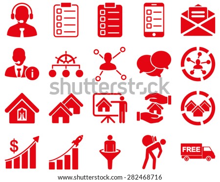 Business, sales, real estate icon set. These flat symbols use red color. Images are isolated on a white background. Angles are rounded.