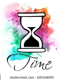 Business sand watch icon with word time on watercolor background