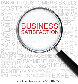 Business Satisfaction. Magnifying glass over seamless background with different association terms.