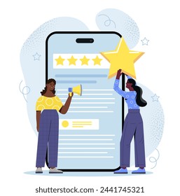 Business satisfaction support concept. Women with stars. Ranking and rating, feedback from users. Marketing and promotion on internet. Marketers and SMM specialists. Cartoon flat vector illustration