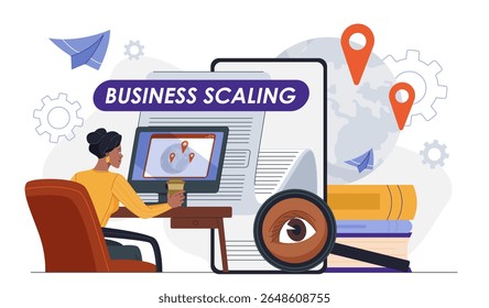 Business scaling concept. Businesswoman looking at world map. Globalization and international business processes. Company opens branches. Flat vector illustration