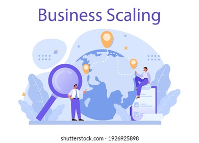 Business scaling concept. Franchise business expansion. Idea of business growth and expand. Marketing strategy and product promotion. Vector illustration in cartoon style