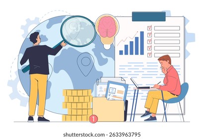 Business scaling concept. Men with magnifying glass near globe and graphs. Company and organization expansion. Global business and marketing. Linear vector illustration