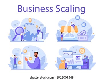 Business scaling concept set. Franchise business expansion. Idea of business growth and expand. Marketing strategy and product promotion. Vector illustration in cartoon style