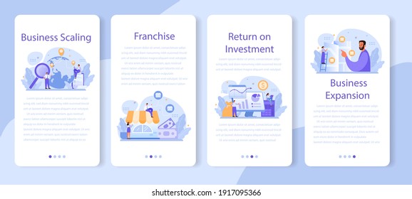 Juego de banners de aplicaciones móviles de escalado comercial. Expansión comercial de franquicias. Idea de crecimiento y expansión empresarial. Estrategia de marketing y promoción de productos. Ilustración plana del vector