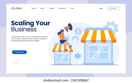 business scaling progress, startup performance, small business, target and expand, flat vector illustration template landing page