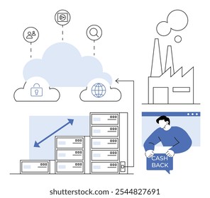 Cenário de negócios com armazenamento de dados em nuvem com segurança, pilhas de servidores dimensionáveis, uma fábrica industrial e uma pessoa segurando uma placa de cashback. Ideal para tecnologia, gerenciamento de dados, negócios
