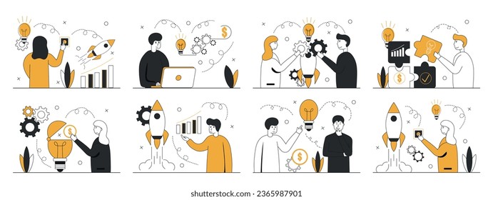 Business scene big set.Collection of scenes new idea and start up business.Concept of entrepreneurship, business startup and new ideas. Business people in different situations. Vector illustrations.