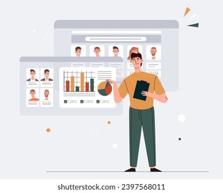 Business scene concept. Workplace and workflow in office. Man look at graphs and diagrams. Analyst conduct markerting research. Financial occupation. Cartoon flat vector illustration