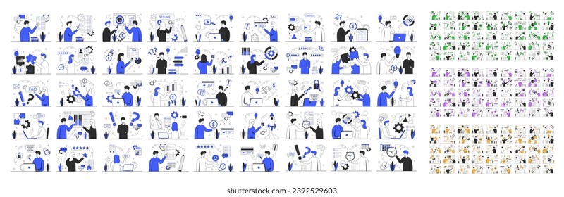 Business scene in four colors. Mega set. Collection of scenes:HR specialist,data analytic,FAQ,tax,new idea,start up,check list,online shop. Business people in different situation. Vector illustration.