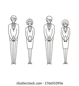 Business scene: men and women bowing with masks 1(stroke)