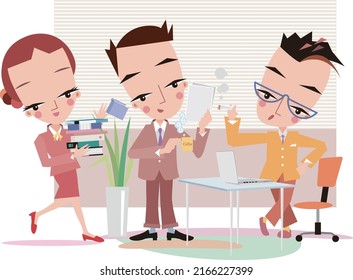 A business scene in an office with a woman carrying papers and male employees standing around talking.vector illustration