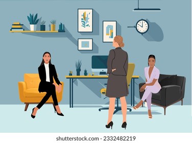 Business scene. Pretty business women working in modern office. Different ladies sitting and standing, taking part in business activities, meeting, brainstorming. Vector colorful illustration