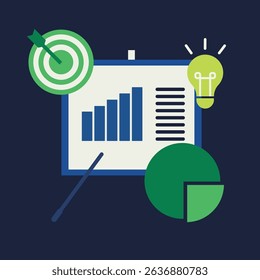 Business scene with a projector showing a bar chart, target, light bulb, and pie chart. Great for concepts like marketing, analytics, goal setting, and business strategy.
