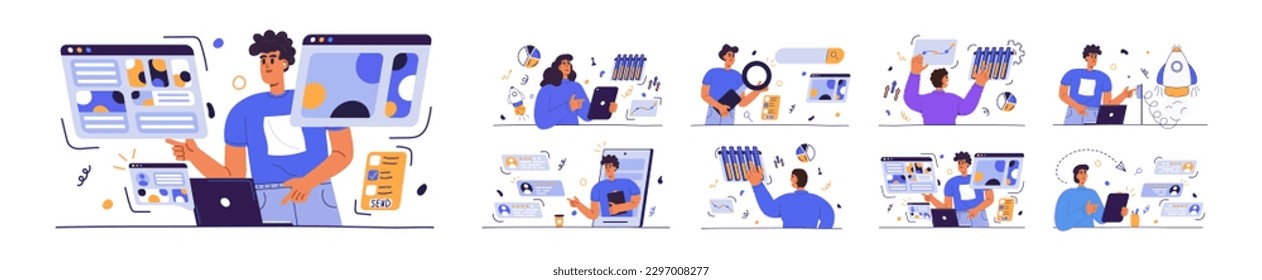 Business scene set. Big set. Collection of scenes with men and women. HR specialist, data analytic, search information, start up. Business people in different situation. Vector illustration