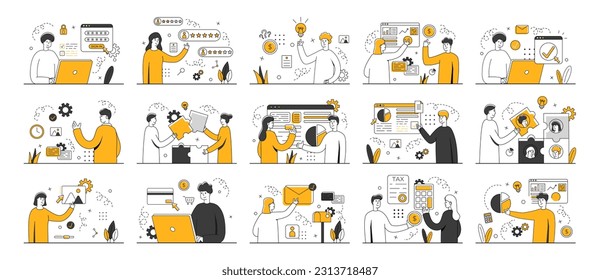 Business scene set. Big set. Collection of scenes with men and women. HR specialist, data analytic, search information, start up. Business people in different situation. Vector illustration