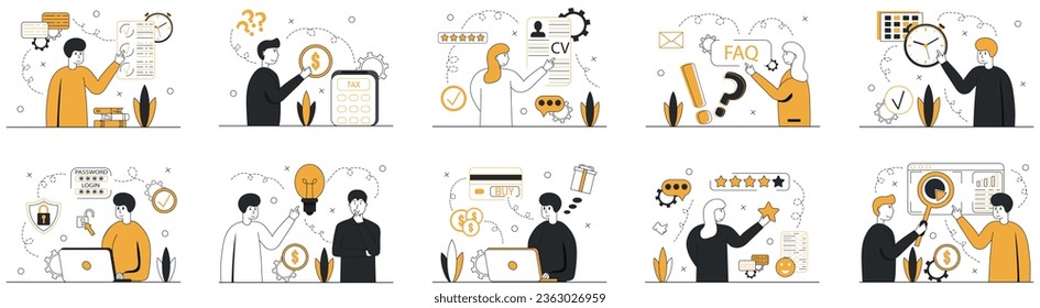 Business scene set. Big set. Collection of scenes with men and women. HR specialist, data analytic,check list,time management, cuber. Business people in different situation. Vector illustration.