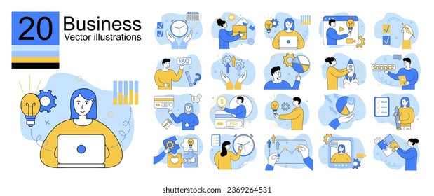 Business scene set.Big set. Collection of scenes with men and women.FAQ,Feedback,Data analytic,Checklist,New idea,Online shopping,Start up. Business people in different situation. Vector illustration.