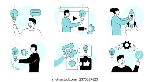 Business scene set. Collection of scenes new idea and start up business.Concept of entrepreneurship, business startup and new ideas. Business people in different situations. Vector illustrations.