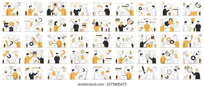 Business scene set. Mega set. Collection of scenes:HR specialist,data analytic,FAQ,tax,new idea,start up,check list,online shop,etc. Business people in different situation. Vector illustration.