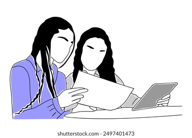 Business scene vector outline illustration isolate on white background. Two young women, business team working together with documents, digital tablet, meeting, discussing. Mentorship, staff education