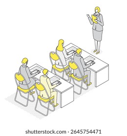 Cenário de negócios onde os participantes estão preenchendo uma pesquisa durante uma reunião.