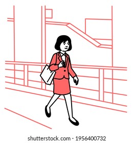 Business scene: Woman walking town. Vector illustration.