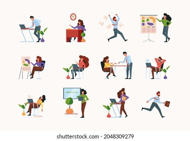 Business scenes. Active managers office people business collaboration persons talking sitting dialogue and brainstorming garish vector flat characters isolated