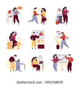 Business scenes. Office characters managers communication people talking working garish vector illustrations