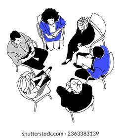  Escenas de negocios ilustraciones dibujadas a mano en vectores de vista superior. Diferentes hombres y mujeres trabajando juntos, sentados en el escritorio, en sillones en el salón. Dibujo de esquema aislado en fondo blanco.