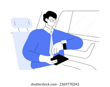 Business schedule abstract concept vector illustration. Busy man looking at his watch when driving with a personal driver, business class travel, time planning, go to meeting abstract metaphor.