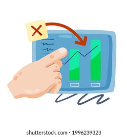 Análisis de la programación comercial. Concepto de datos financieros. Índice. Apunte mano a Marketing y estadísticas. Infografía de caricatura. Ilustración plana aislada en blanco